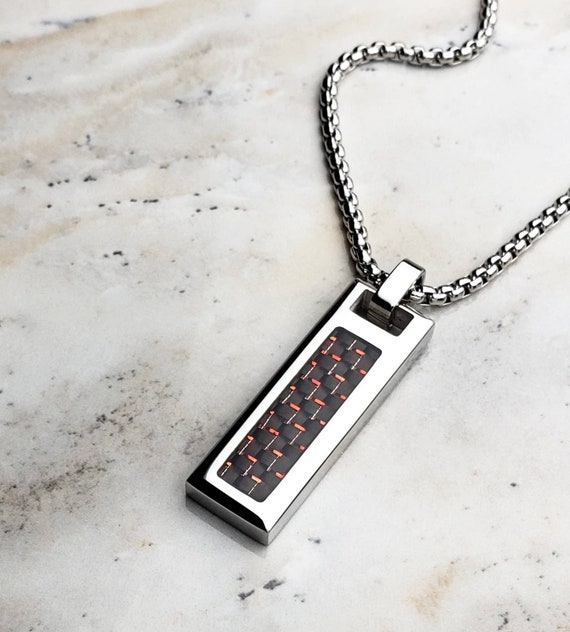 Men's Carbon Fiber Inlay Dog Tag Pendant Necklace