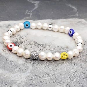 Men&#39;s &quot;EVIL EYE PEARLS&quot; Bracelet| Men&#39;s Akoya Freshwater Baroque Pearls Multicolor Millefiori Evil Eye Bead Bracelet| Men&#39;s Pearl Bracelet