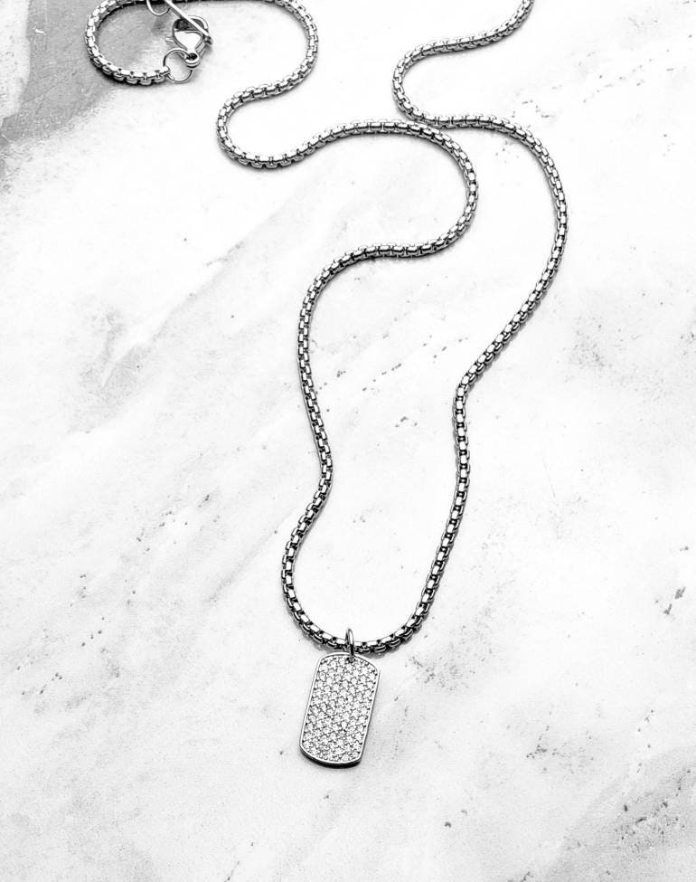 Men's pavÉ DOG Tag Necklace Men's Pavé Cubic Zirconia Silver Stainless  Steel Mini Dog Tag Pendant Necklace Men Silver Box Chain Necklace 