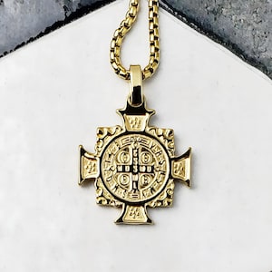 Men&#39;s SAINT BENEDICT CROSS Necklace | Men&#39;s Gold Stainless Steel Saint Benedict Cross Pendant Box Chain Necklace