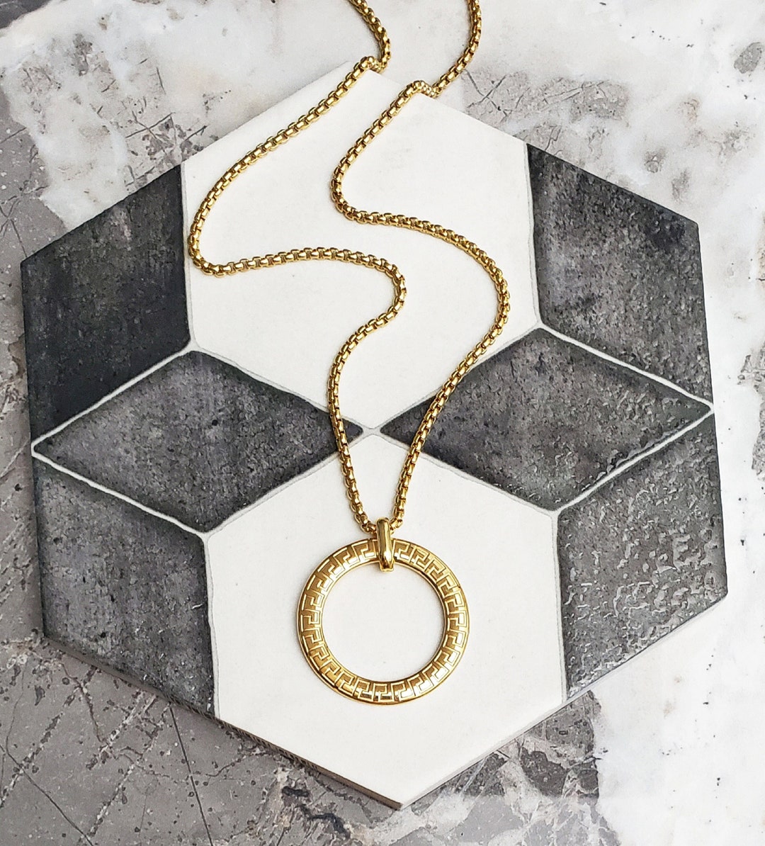 Men's greek KEY Ring Necklace Men's Gold Stainless Steel Greek Key Ring