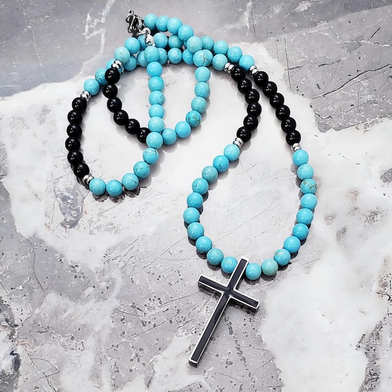 Men's TURQUOISE ONYX CROSS Necklace Men's Silver Black