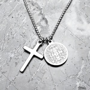 Men&#39;s &quot;SAINT&#39;S CROSS&quot; Necklace| Men&#39;s Silver Stainless Steel Saint Benedict Cross Layered Pendant Necklace| Men&#39;s Silver Box Chain Necklace