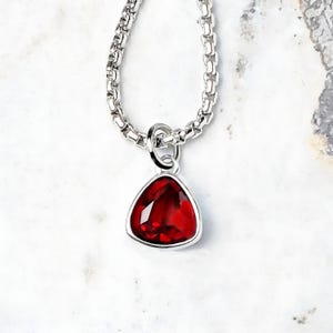 Può includere: Una collana in argento con catena a maglie quadrate e un singolo ciondolo triangolare con una gemma rosso scuro sfaccettata. Il ciondolo è fissato tramite un piccolo anellino in argento alla catena, con una finitura metallica lucida e pietra.