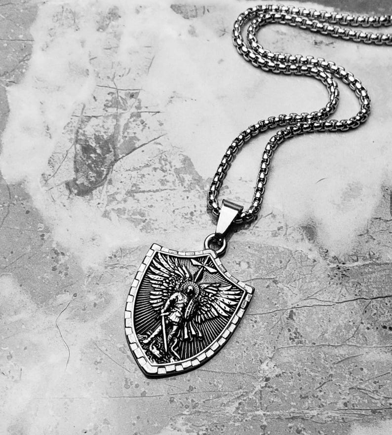 Men's silver ARCHANGEL Shield Necklace Men's Silver Stainless Steel