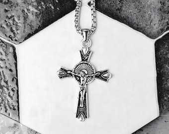 Men's RUSTIC SILVER CRUCIFIX Necklace | Men's Silver Stainless Steel Rustic Crucifix Cross Pendant Box Chain Necklace