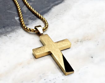 Men's RUSTIC GOLD CROSS Necklace | Men's Rustic Gold Stainless Steel Cross Pendant Box Chain Necklace