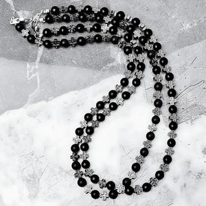 Men&#39;s &quot;ONYX CROSS&quot; Necklace| Men&#39;s Silver Hematite Gemstone Crosses Black Onyx Gemstone Beaded Necklace| Men&#39;s Cross Black Onyx Necklace