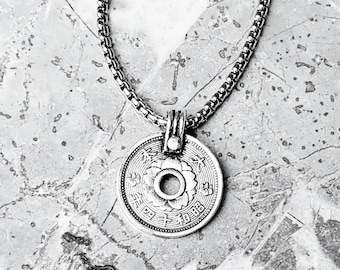 Men's "JAPANESE LUCK COIN" Necklace| Men's Silver Stainless Steel Japanese Sen Good Luck Coin Pendant Necklace| Mens Silver Chain Necklace