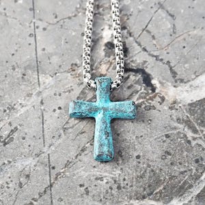 Herren &quot;MYKONOS CROSS&quot; Halskette | Herren Türkis Mykonos Keramik Raku Kreuz Anhänger Halskette | Herren Edelstahl Halskette