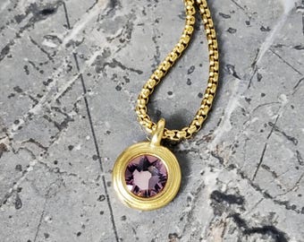 Men's GOLD ALEXANDRITE COIN Necklace | Men's Alexandrite Gold Stainless Steel Mini Coin Pendant Necklace | Men's June Birthstone Necklace
