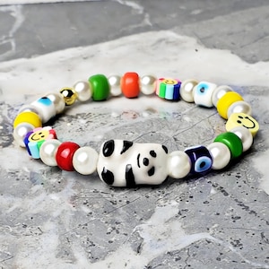 Men&#39;s &quot;PANDA & PEARLS&quot; Bracelet| Men&#39;s Ivory Pearls Multicolor Millefiori Evil Eye Panda Smiley Face Bead Bracelet| Men&#39;s Pearl Bracelet