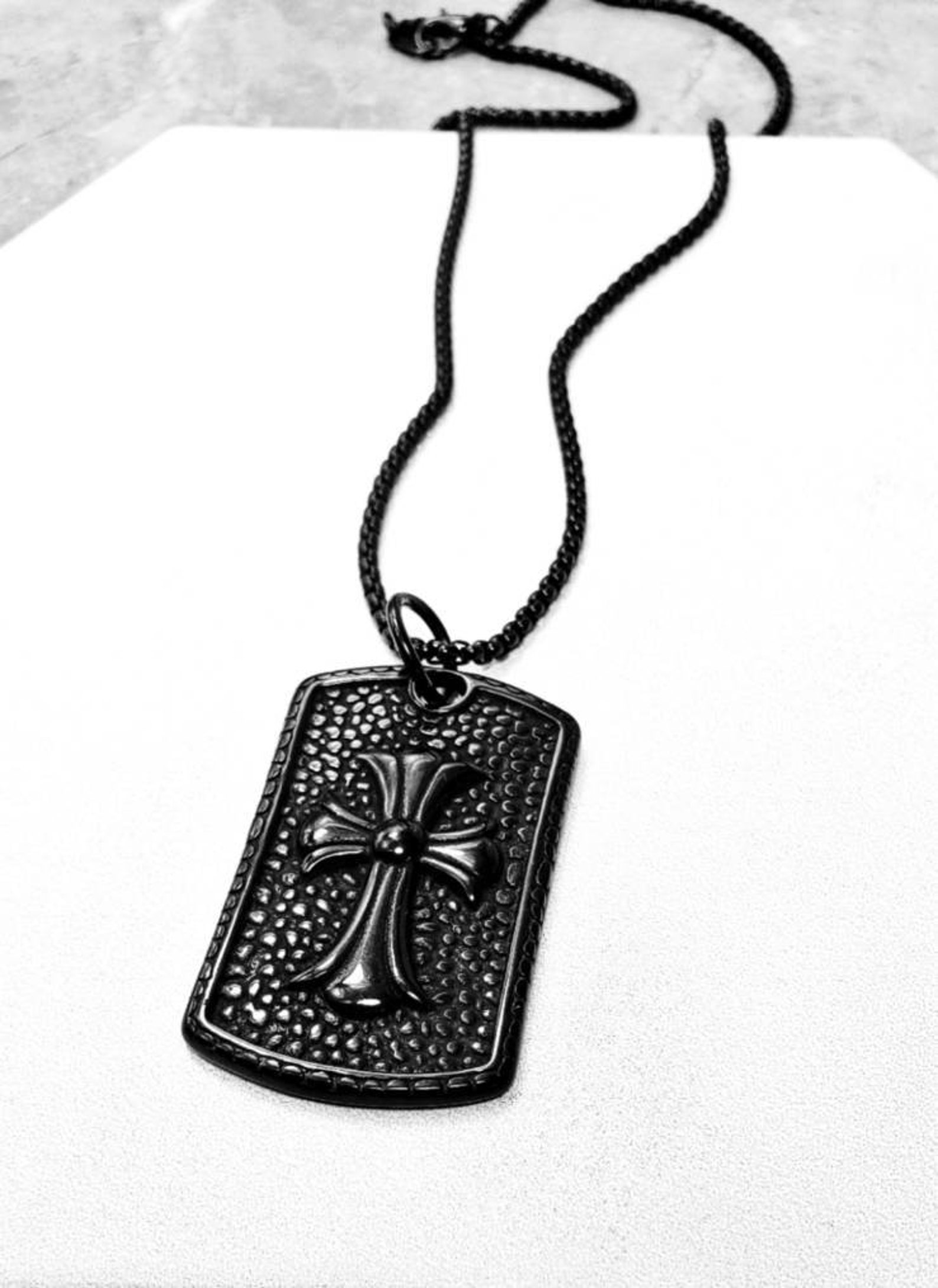 Men's cross DOG Tag Necklace Men's Black Etsy