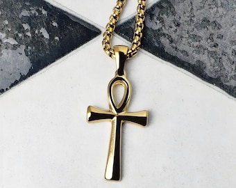 Men's GOLD ANKH Necklace | Men's Gold Stainless Steel Ankh Pendant Box Chain Necklace