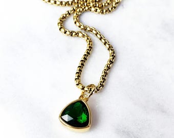 Men's GOLD MINI EMERALD Necklace | Men's Lab Grown Emerald Gold Stainless Steel Pendant Necklace | Men's May Birthstone Necklace