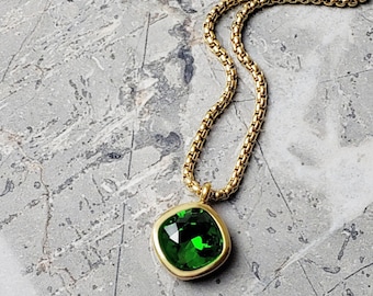 Men's GOLD EMERALD Necklace | Men's Emerald Gemstone Gold Stainless Steel Pendant Necklace | Men's May Birthstone Pendant Necklace