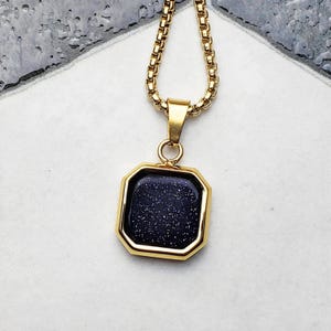 Men&#39;s BLUE SANDSTONE AMULET Necklace | Men&#39;s Gold Stainless Steel Blue Sandstone Gemstone Octagon Inlay Square Pendant Box Chain Necklace