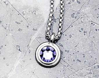 Collana da uomo con moneta in argento tanzanite / Collana da uomo con ciondolo a moneta in acciaio inossidabile e pietra preziosa tanzanite / Pietra portafortuna di dicembre