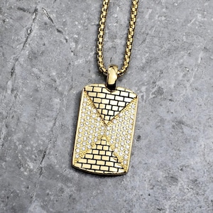 Men&#39;s &quot;PAVÉ PYRAMIDS TAG&quot; Necklace| Mens Gold Stainless Steel Pavé Cubic Zirconia Pyramids Dog Tag Pendant Necklace| Men Gold Chain Necklace