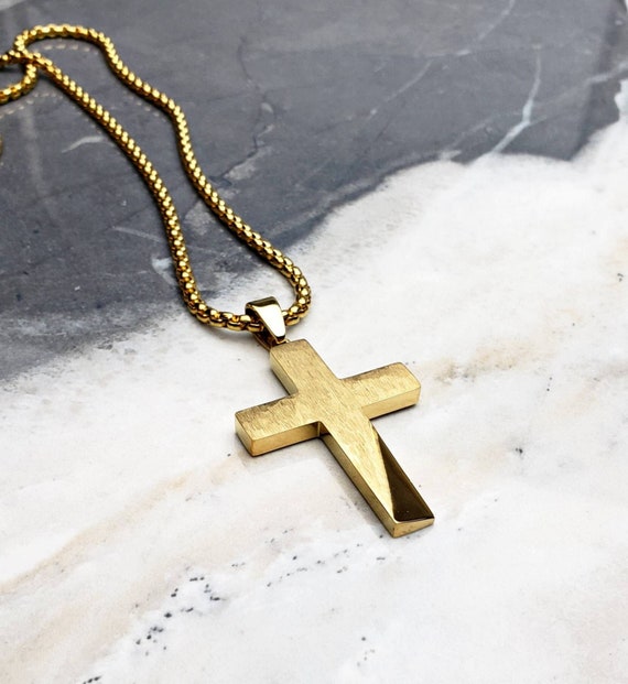 Men s rustic GOLD Cross Necklace Men s Rustic Gold Stainless Steel Cross Pendant Necklace Men s Gold Stainless Steel Box Chain Necklace Etsy Canada