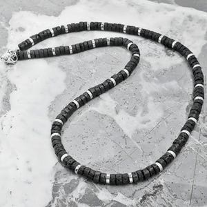Men&#39;s &quot;BLACK LAVA & SILVER&quot; Necklace| Men&#39;s Black Lava Silver Hematite Gemstone Heishi Disc Beaded Necklace| Men&#39;s Black Lava Necklace