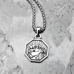 Men&#39;s &quot;SAINT CHRISTOPHER AMULET&quot; Necklace| Men&#39;s Silver Stainless Steel Saint Christopher Amulet Pendant Necklace| Mens Chain Necklace