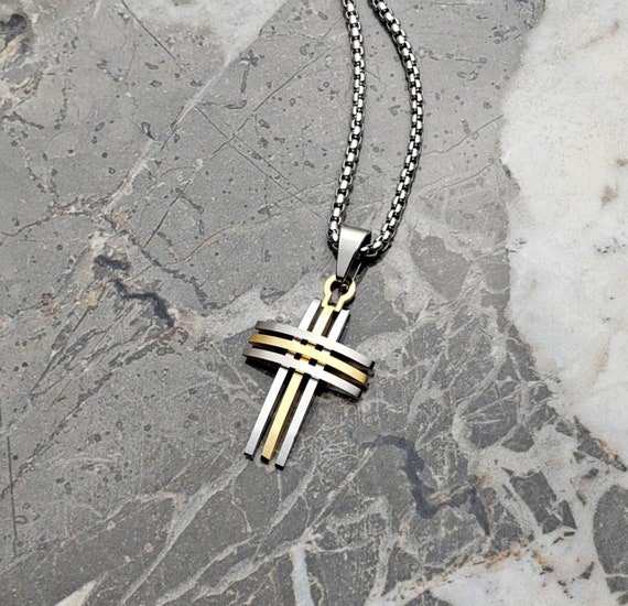 Men s gold SILVER Cross Necklace Men s Gold Silver Stainless Steel Mini Cross Pendant Necklace Men s Stainless Steel Chain Necklace Etsy Canada