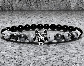 Men's BLACK VELVET WOLF Bracelet | Men's Silver Stainless Steel Wolf Labradorite Black Onyx Gemstone Beaded Bracelet