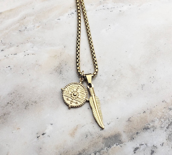 Gold feather necklace mens deals