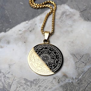 Men's "GOLD SACRED ARCHANGEL" Necklace| Men's Gold Stainless Steel Archangel Seven Sacred Seals Medallion Pendant Necklace| Men's Gold Chain