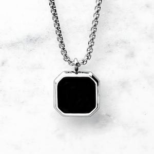 Men&#39;s BLACK ONYX AMULET Necklace | Men&#39;s Black Onyx Gemstone Octagon Inlay Silver Stainless Steel Square Pendant Box Chain Necklace