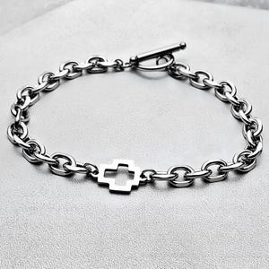 Men&#39;s &quot;CROSS CHAIN&quot; Bracelet| Men&#39;s Silver Stainless Steel Cross Link Chain Bracelet| Men&#39;s Layering Silver Chain Toggle Clasp Bracelet