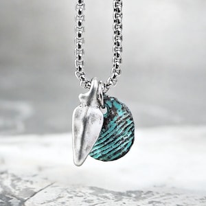 Men&#39;s &quot;MYKONOS COIN & ARROWHEAD&quot; Necklace| Men&#39;s Turquoise Mykonos Ceramic Raku Coin Silver Arrowhead Pendant Necklace| Men&#39;s Chain Necklace