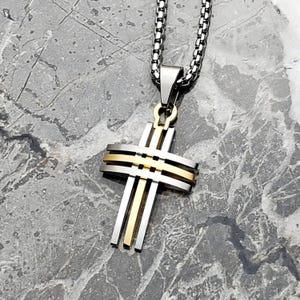Herren GOLD & SILBER KREUZ Halskette | Herren Gold Silber Edelstahl Mini Kreuz Anhänger Box Kette Halskette