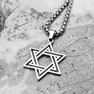 Men&#39;s &quot;SILVER STAR of DAVID&quot; Necklace| Men&#39;s Silver Stainless Steel Star of David Pendant Necklace| Mens Stainless Steel Box Chain Necklace