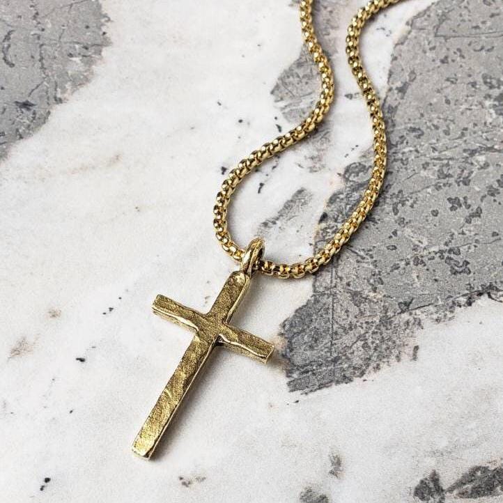 Men's "RUSTIC GOLD CROSS" Necklace| Men's Gold Stainless Steel Cross Pendant Necklace| Men's Gold Stainless Steel Box Chain Necklace