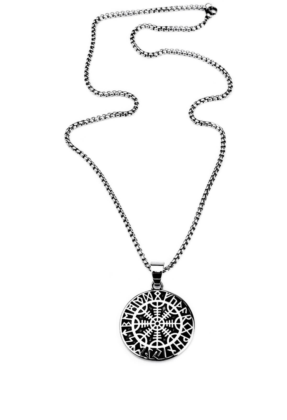 Collana Uomo Con Bussola Vichinga Vegvisir, Ciondolo Tondo In Acciaio Inox 316L, Finitura Nera, Regalo Mitologico