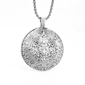 Men&#39;s &quot;AZTEC MEDALLION&quot; Necklace| Men&#39;s Oxidized Silver Pewter Aztec Sun Calendar Pendant Necklace| Men&#39;s Silver Box Chain Necklace