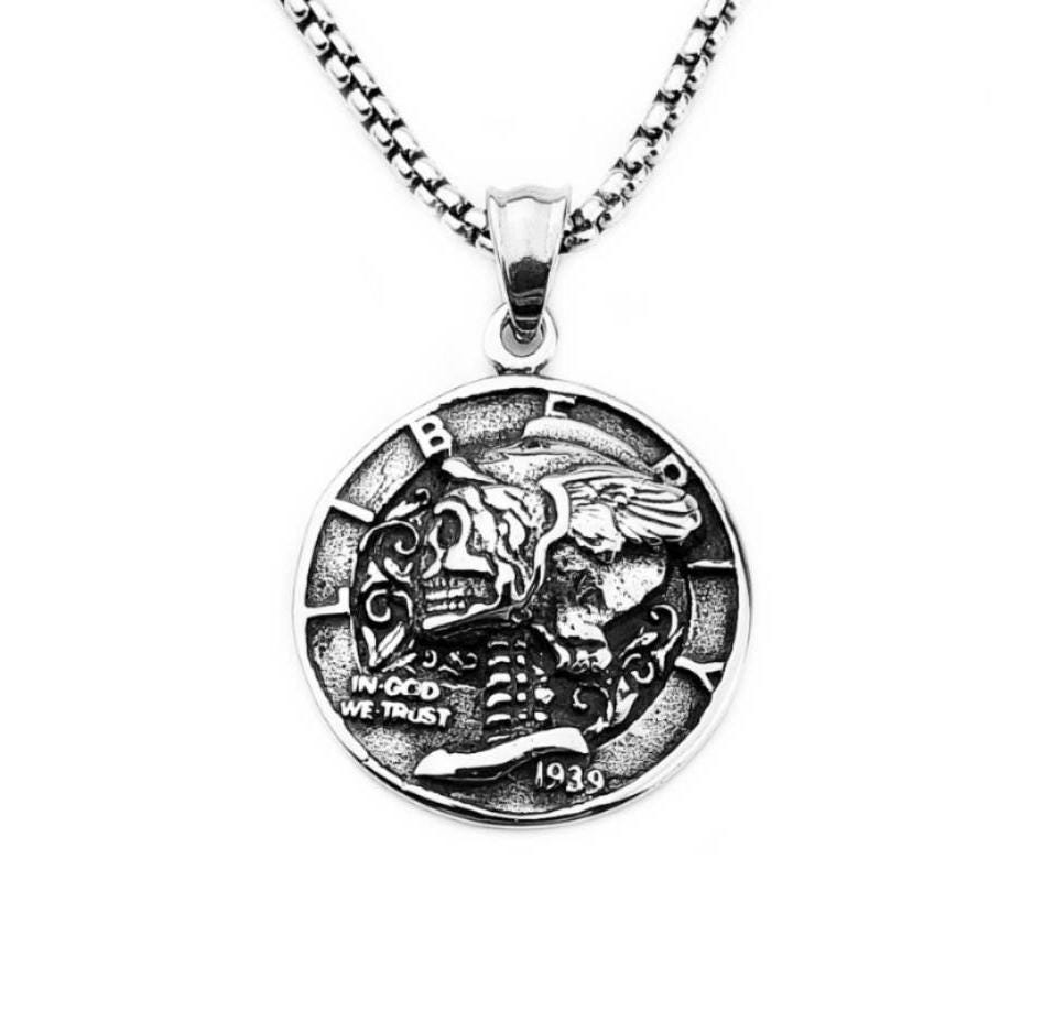 Men's SKULL LIBERTY COIN Necklace | Men's Silver Stainless Steel Skull ...