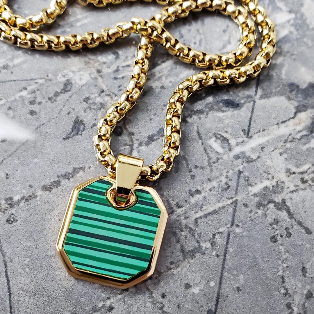 Men's GOLD MALACHITE AMULET Necklace | Men's Malachite Gemstone Octagon ...