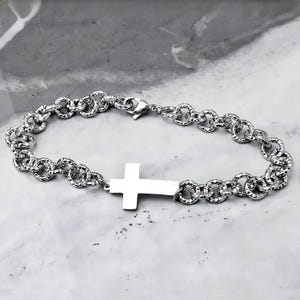 Men&#39;s &quot;RUSTIC CROSS CHAIN&quot; Bracelet| Men&#39;s Silver Stainless Steel Cross Link Chain Bracelet| Mens Layering Silver Chain Cross Clasp Bracelet