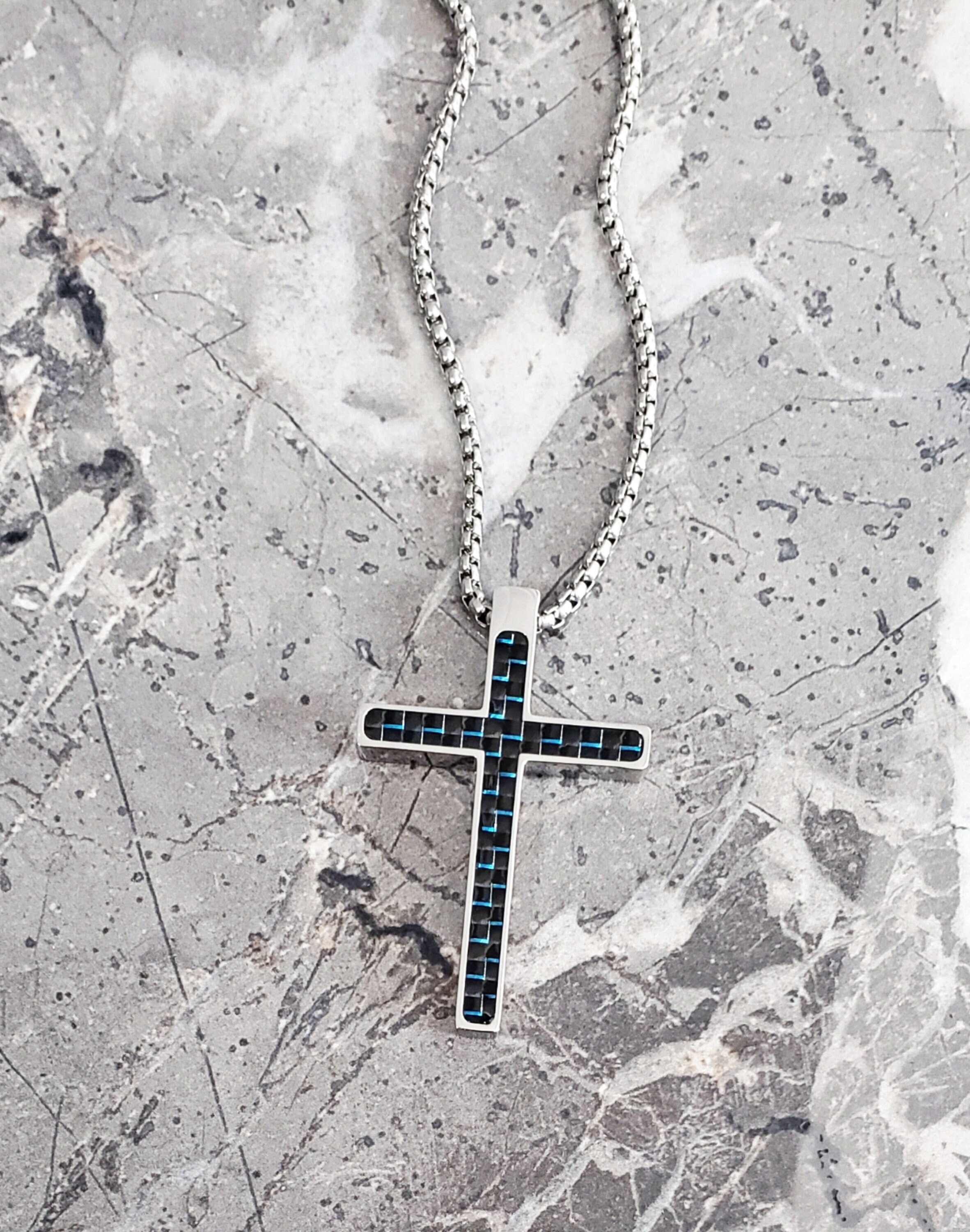 Men s blue CARBON Cross Necklace Men s Blue Black Carbon Fiber Inlay Silver Stainless Steel Cross Pendant Necklace Mens Cross Necklace Etsy
