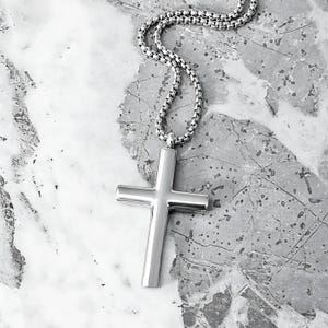 Men&#39;s &quot;SLEEK SILVER CROSS&quot; Necklace| Men&#39;s Mirror Finish Silver Stainless Steel Cross Pendant Necklace| Mens Silver Cross Box Chain Necklace