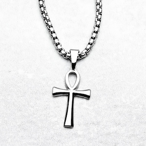 Men&#39;s SILVER ANKH Necklace | Men&#39;s Silver Stainless Steel Ankh Pendant Box Chain Necklace