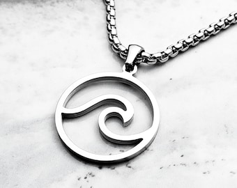 Men's WAVE MEDALLION Necklace | Men's Silver Stainless Steel Wave Coin Medallion Pendant Box Chain Necklace