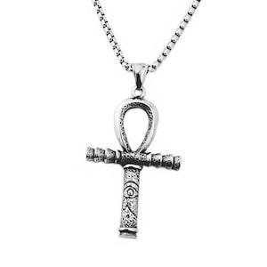 Men&#39;s &quot;ANKH OF PROTECTION&quot; Necklace| Men&#39;s Silver Stainless Steel Evil Eye Ankh Pendant Necklace| Mens Silver Stainless Steel Chain Necklace