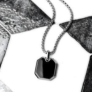 Men&#39;s &quot;BLACK ONYX AMULET&quot; Necklace| Men&#39;s Silver Stainless Steel Black Onyx Octagon Pendant Necklace| Men&#39;s Silver Box Chain Necklace