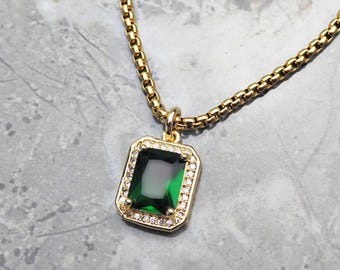 Men's GOLD PAVÉ EMERALD Necklace | Men's Pavé Cubic Zirconia Mini Emerald Gemstone Gold Stainless Steel Pendant Necklace | May Birthstone