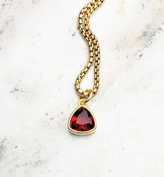 Men's gold MINI Ruby Necklace Men's Gold Stainless Steel Mini Ruby Stone  Pendant Necklace Men's July Birthstone Necklace 