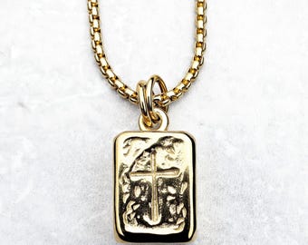 Men's GOLD BAR CROSS Necklace | Men's Gold Stainless Steel Cross Bar Pendant Box Chain Necklace